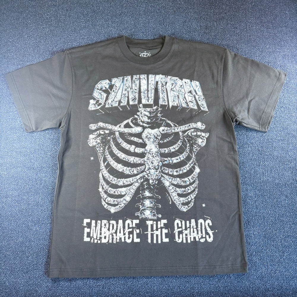 SZN Embrace The Chaos Skeleton Graphic T-Shirt Mens Large Black Streetwear